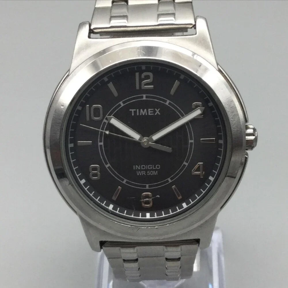 Timex Indiglo Mens Watch 38mm Black Dial Stainless Bracelet WR 50M New Battery